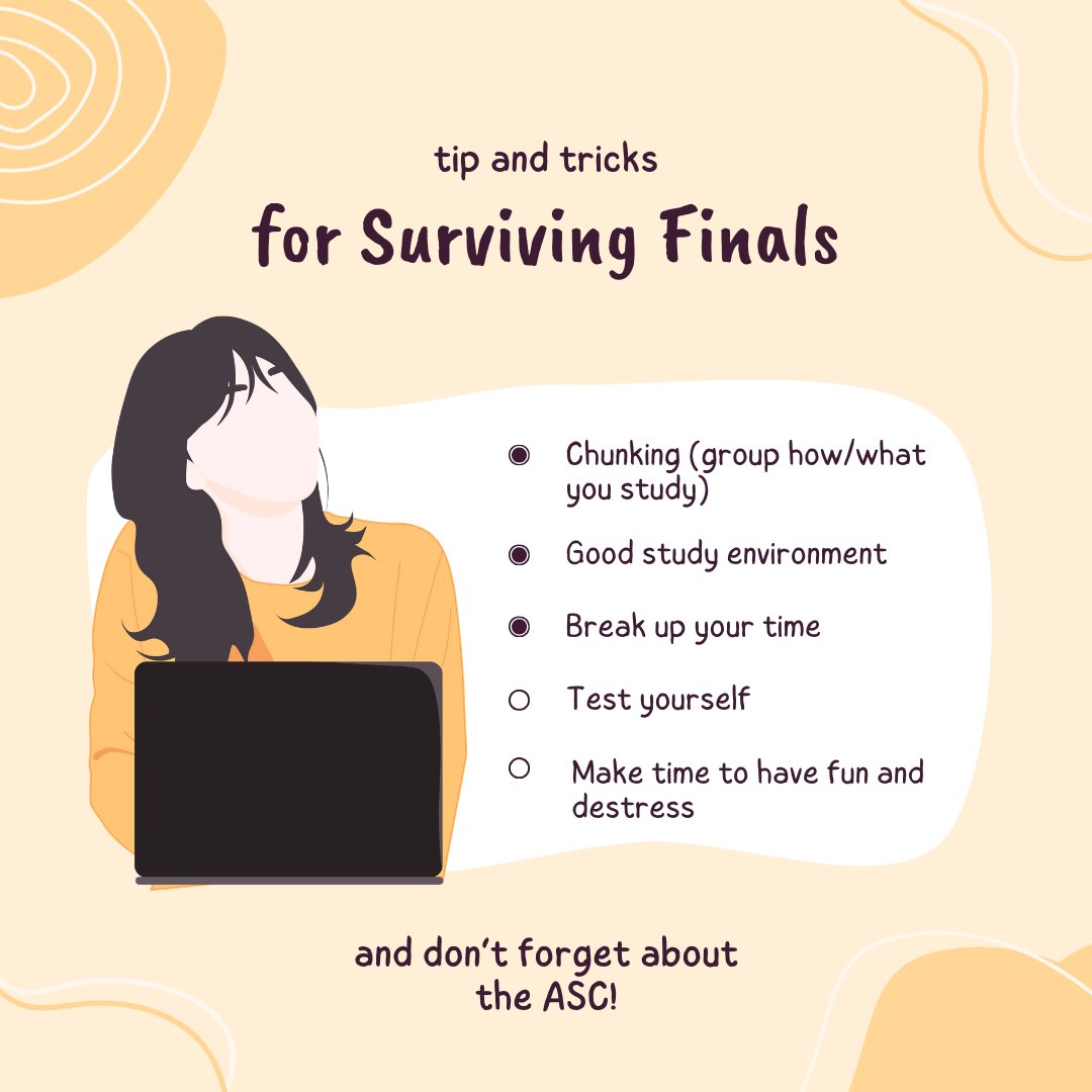 UAFSCACE's tweet image. We know the next few weeks will be packed with studying for finals, so here are some survival tips and tricks!📚