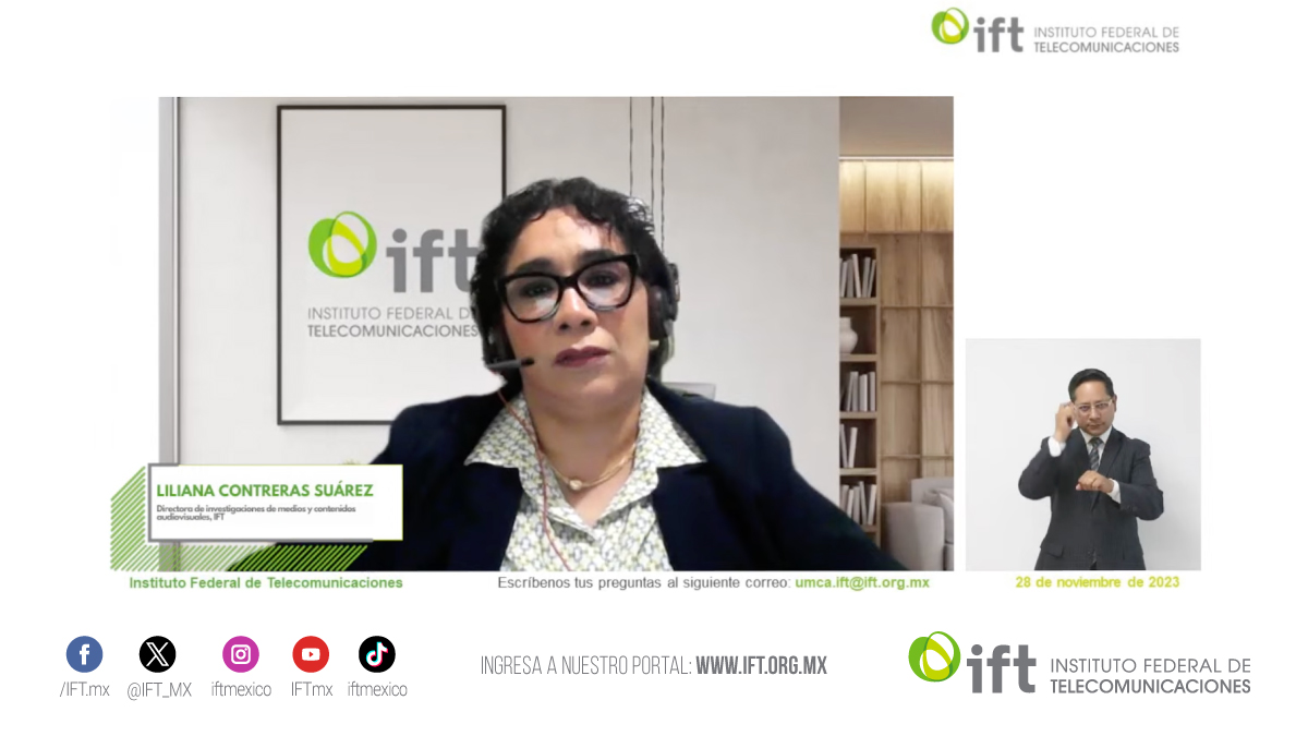 IFT_MX's tweet photo. Comienza la presentación de resultados del #EstudioIFT "Hábitos de Consumo de #Medios en Poblaciones Rurales"💻.
Presenta la Dir. de Investigaciones de Medios y Contenidos Audiovisuales de la #UMCA del @IFT_MX, Liliana Contreras Suárez. https://t.co/DsHEAJVSIa