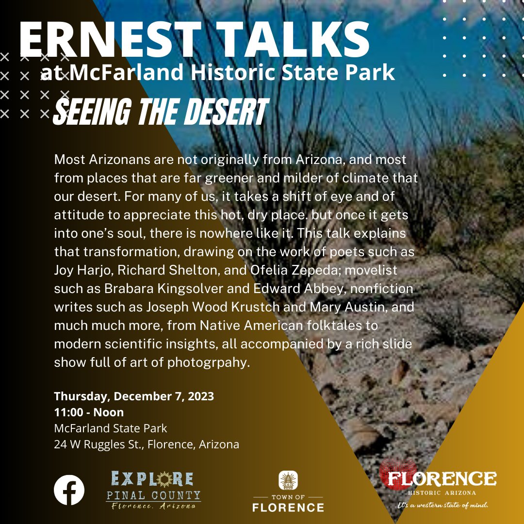 Suzanne Jameson (@jameson_suzanne) on Twitter photo Save the Date! Dec. 7th - "Seeing the Desert" with Gregory McNamee at McFarland State Park - part of the new lecture series at <a href="/AZStateParks/">Arizona State Parks</a> #free More info at azstateparks.com/mcfarland/evenโฆ #Arizona Save the Date! Dec. 7th - "Seeing the Desert" with Gregory McNamee at McFarland State Park - part of the new lecture series at <a href="/AZStateParks/">Arizona State Parks</a> #free More info at azstateparks.com/mcfarland/evenโฆ #Arizona