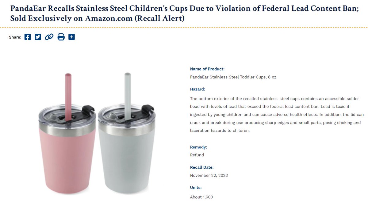 PandaEar Recalls Stainless Steel Children's Cups Due to Violation