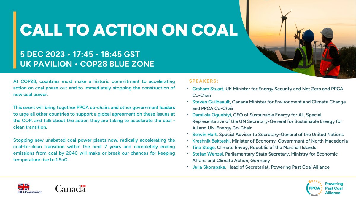❗️1 week to go until we launch our call to action on #coal at #COP28. Come along and hear from the PPCA co-chairs and other climate leaders on why we need call a🌏 agreement on #coalphaseout and #NoNewCoal now.

poweringpastcoal.org/cop28