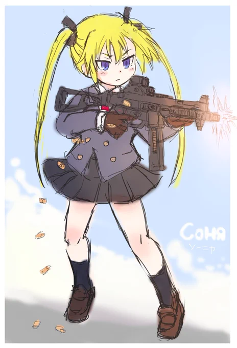 寝る前にMisskeyわんどろで描いた絵を貼り…!今回は「キルミーベイベー」より「ソーニャ」さんです!暗殺者という設定なので私の大好きなUMP45を持って撃たせてみました…!(*'ω`) 