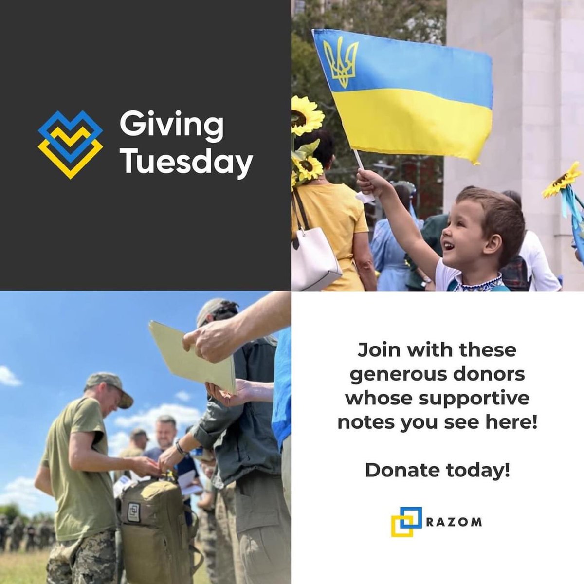 On this #GivingTuesday we’re sharing notes of encouragement from our donors! 💛

Help us make a difference in the lives of Ukrainians who are facing another winter in wartime: http://www.razomforukraine.org/donate 