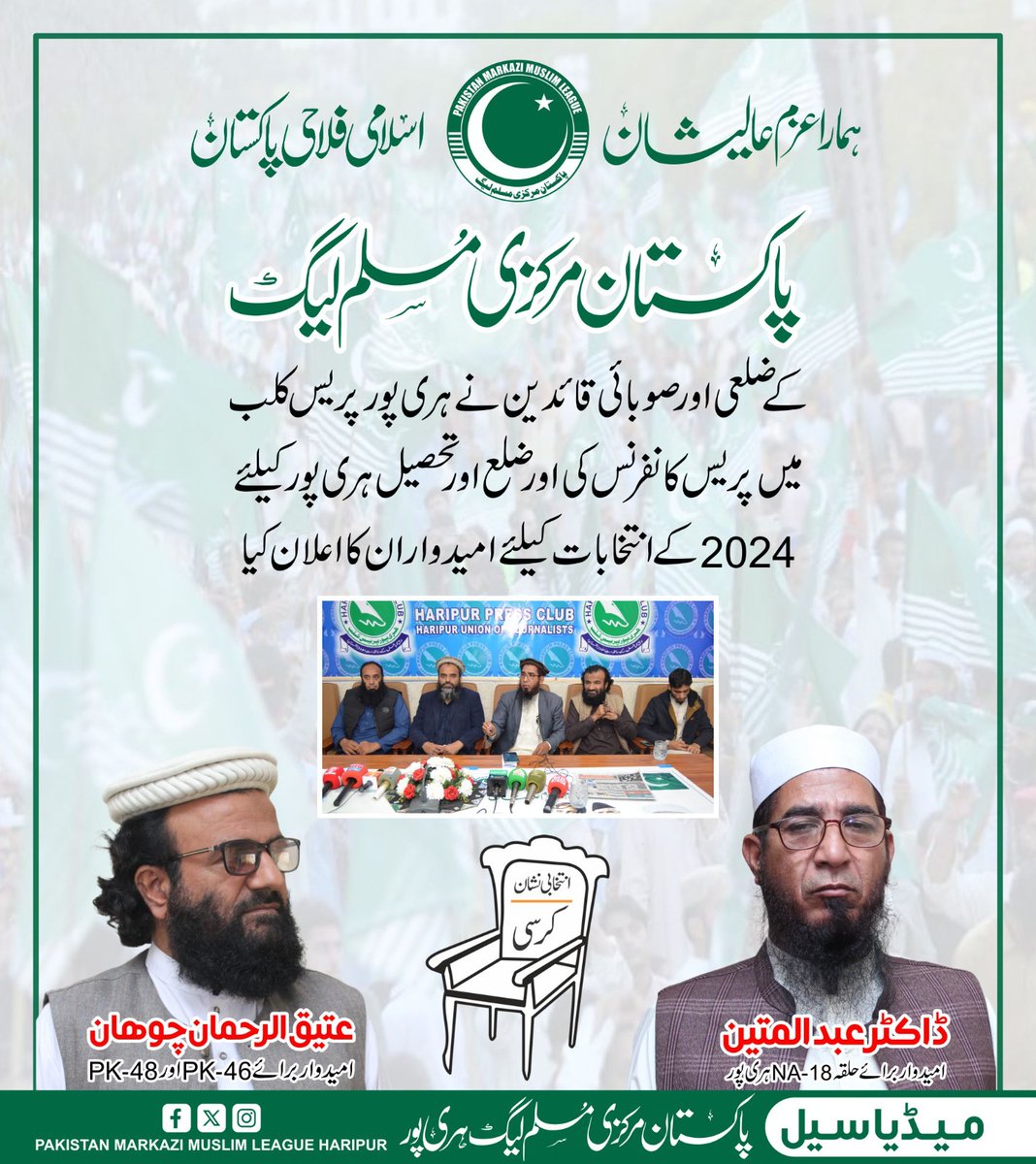 Uzairmalik26's tweet photo. پاکستان مرکزی مسلم لیگ ہری پور نے ھر یپور کی تحصیلوں کے لیے اپنے صوبائی اور قومی امیدواروں کا ختمی اعلان کردیا
#PMML #Pmmlharipur #pk46 #pk48 #Na18 https://t.co/m3btaNOmiw