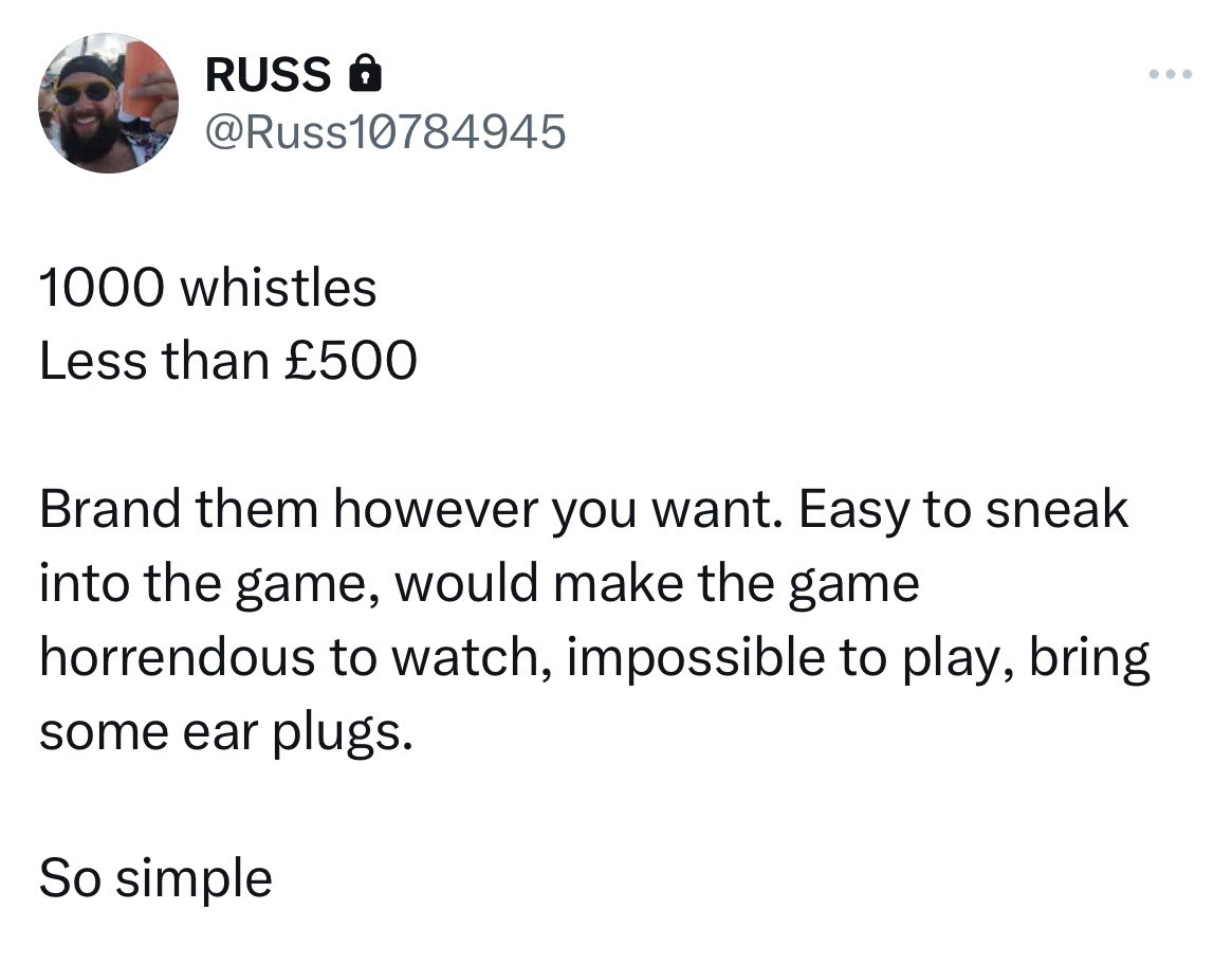 Christmas Eve,showing worldwide on Sky TV. This is the first idea I have seen that would work but only if thousands did it….Blow the whistle on incompetent referees