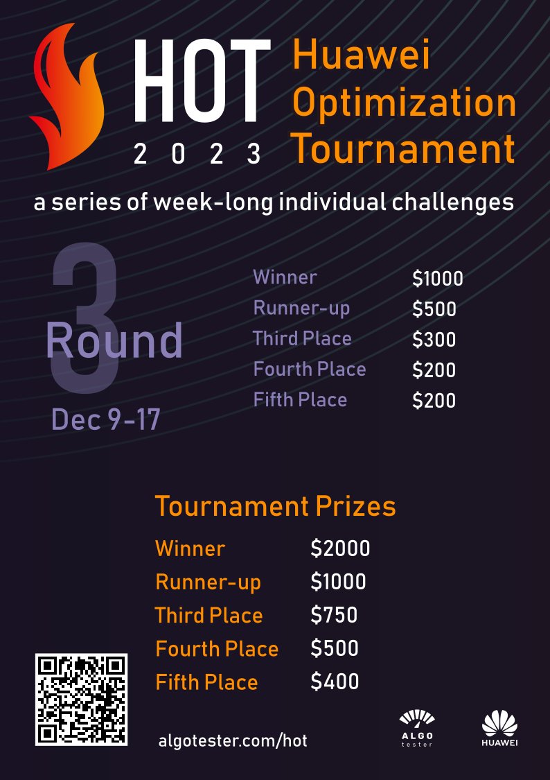 algotester's tweet photo. Запрошуємо усіх бажаючих приєднатися до турніру Huawei Optimization Tournament 2023. Третій раунд відбудеться з 9 по 17 грудня.

Реєстрація доступна на сторінці змагань, також ви можете знайти там правила турніру і змагань: https://t.co/l1kteGPzfi. https://t.co/CmxOdwG13d