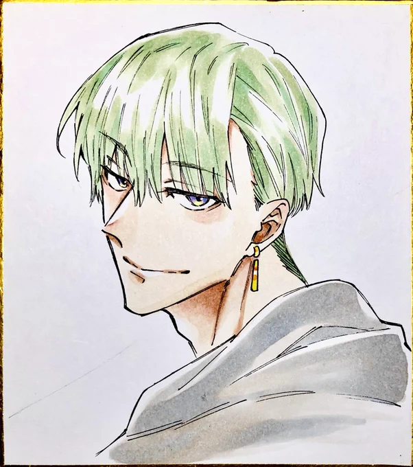 色紙にアルコールマーカーお絵描き緑髪キャラ練りたい 