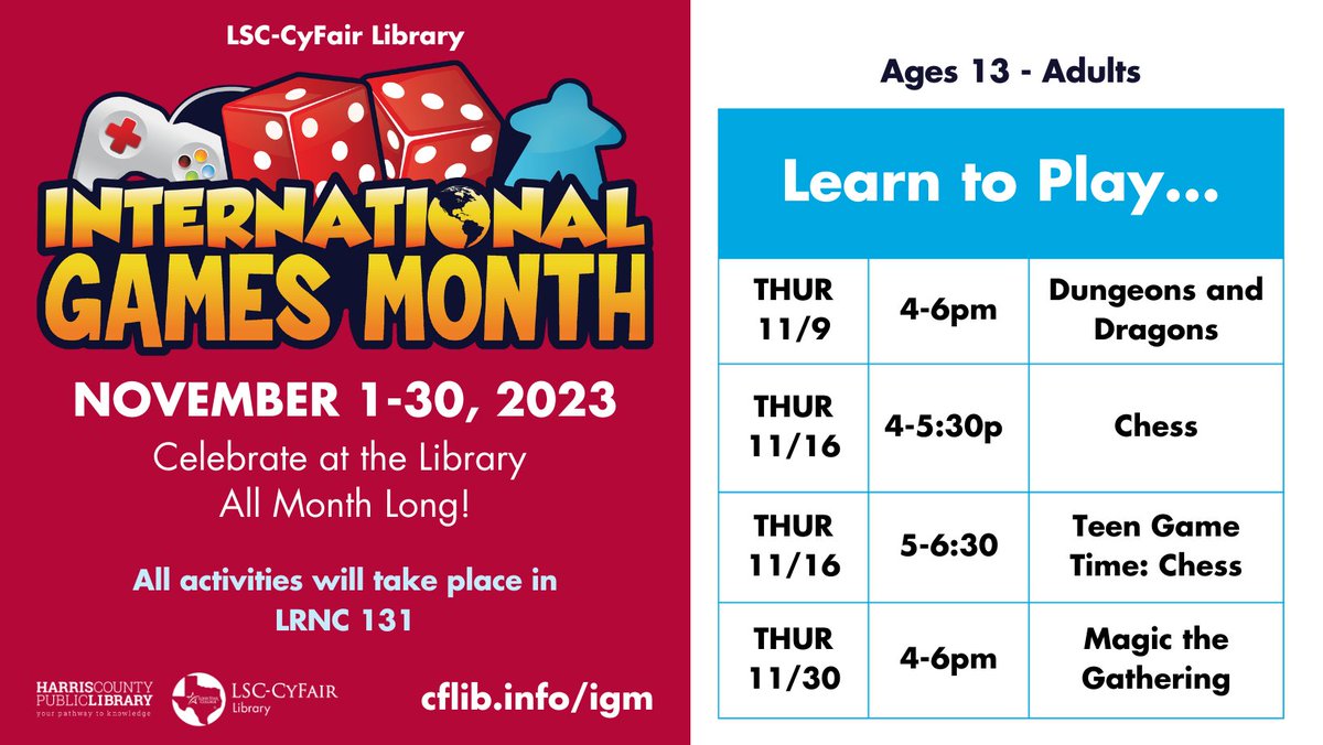 Always wanted to know how to play D&D, Chess, and Magic? Join us at our Learn to Play gaming sessions! #internationalgamesmonth