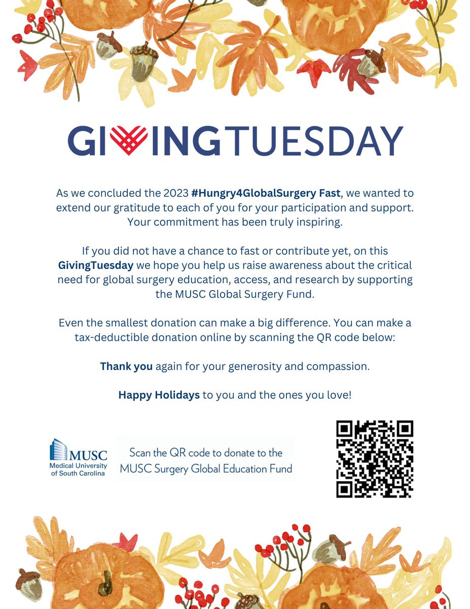 MUSCGlobalSurg's tweet photo. 🌍 Join us in making a global impact this #GivingTuesday! 🤝 Support the MUSC Global Surgery Education Fund and empower future surgeons to make a difference worldwide. Your donation transforms lives. 💙🚑 #GlobalHealth #SurgeryEducation 

Donation link—> https://t.co/MT2dDzkGDp https://t.co/xgkbRLX9yg