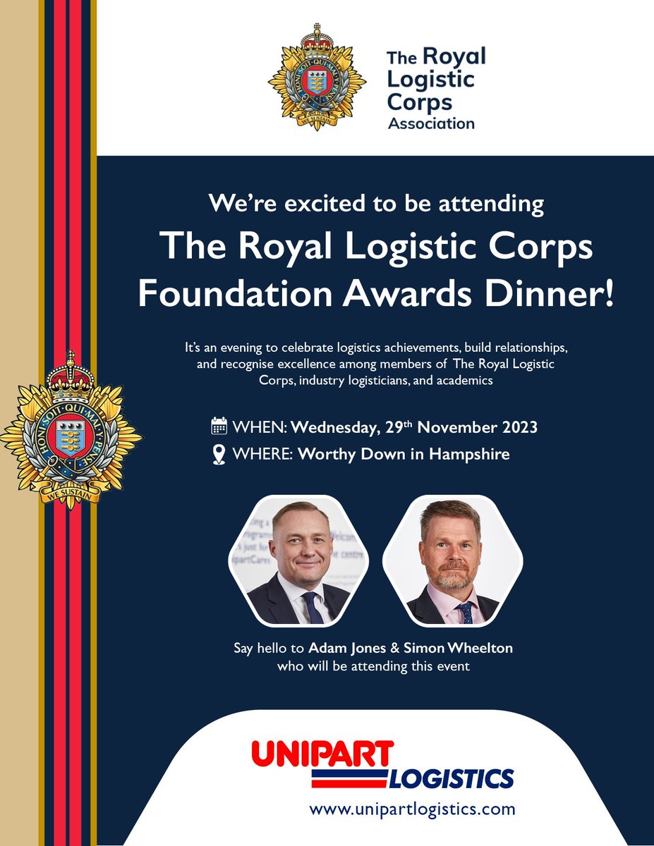 UnipartLogistic's tweet photo. 🌟 Tonight we gather to celebrate logistic achievement at the Royal Logistic Corps Foundation Awards dinner!
💻 Visit our Aerospace website to learn more about our services: https://t.co/zP1ZUTd8Rh
#logistics #supplychain #aerospace #defence #RLCF https://t.co/SncYr6eUaQ