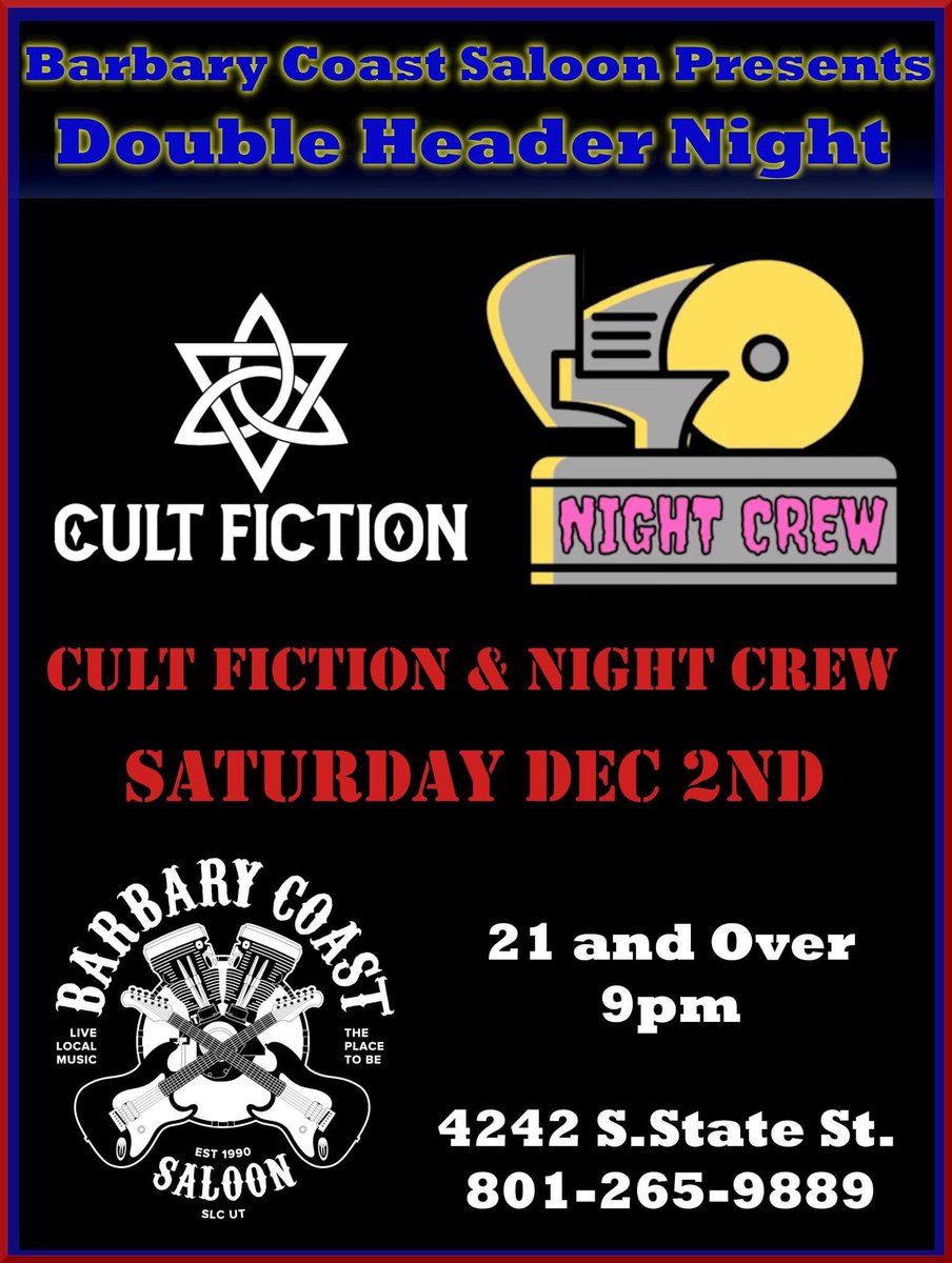 cultfictionband's tweet photo. Come Rock with us this Saturday at @barbarycoast_ut 🤘 we’ll be playing all your alt/rock/emo/punk/metal favorites from the 90s until now. See you there! 🎸 
-
#CultFiction #AltRock #RockBand #UtahBand #LiveMusic #Rock0ut https://t.co/zn5ETDllak