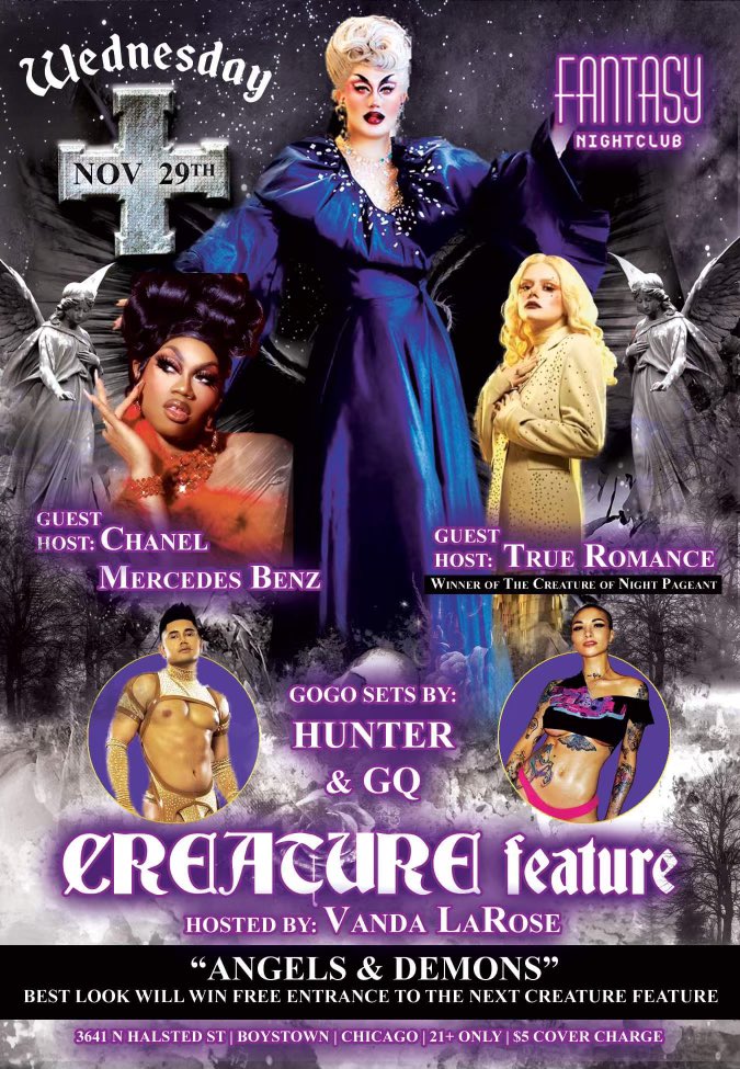 Tomorrow is the very first Creature Feature ✨ I want to see you dressed and ready to have a good time.

Wednesday, November 29th

Angels and Demons