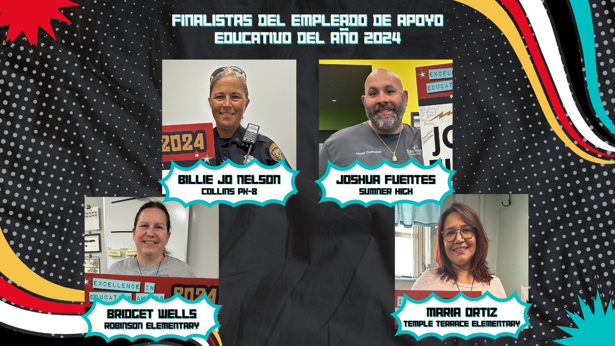 hcps_espanol's tweet photo. ¡Felicitaciones a nuestros 13 finalistas de los Premios a la Excelencia en Educación! 🤩

Estas estrellas fueron seleccionadas entre más de 200 nominados en cada categoría (Maestro del Año, Ida S. Baker al Educador de Diversidad del Año, Empleado de Apoyo Educativo del Año). 🎸🎉 https://t.co/MyMmwG8Cli