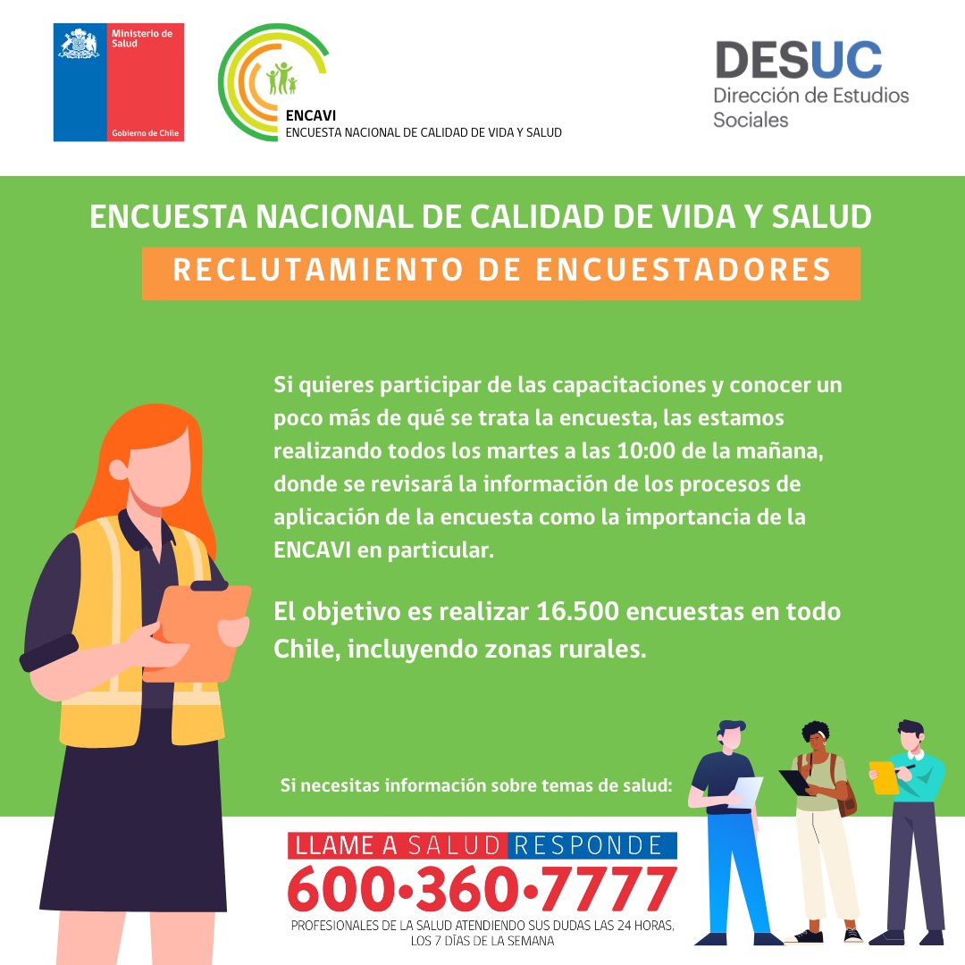 ¿Cuál será la percepción sobre la calidad de vida en Chile? Lo estamos preguntando a lo largo de Chile.
¡𝗨́𝗻𝗲𝘁𝗲 𝗮 𝗻𝘂𝗲𝘀𝘁𝗿𝗼 𝗲𝗾𝘂𝗶𝗽𝗼 𝗱𝗲 𝗲𝗻𝗰𝘂𝗲𝘀𝘁𝗮𝗱𝗼𝗿𝗲𝘀!
#ENCAVI 
blog.desuc.cl/posts/2023-10-…