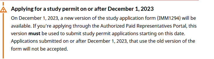 FYI - A new version of the the study permit application form (IMM1294) is being released December 1, 2023. This new form must be used for applications submitted through the Authorized Paid Representatives Portal or the IRCC Secure Account as of Dec 1, 2023 #cndimm #StudyPermit