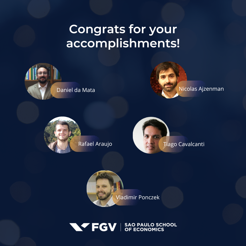 EconFGVSP's tweet photo. Today, we congratulate @AraujoCRRafael, @Nicolas_Ajz, @TiagoCavalcan, @DaMataDan @PonczekVladimir for the Haralambos Simeonides prize (@anpec_br)!
We are very proud of your accomplishments. https://t.co/E1pgCpJ8cV