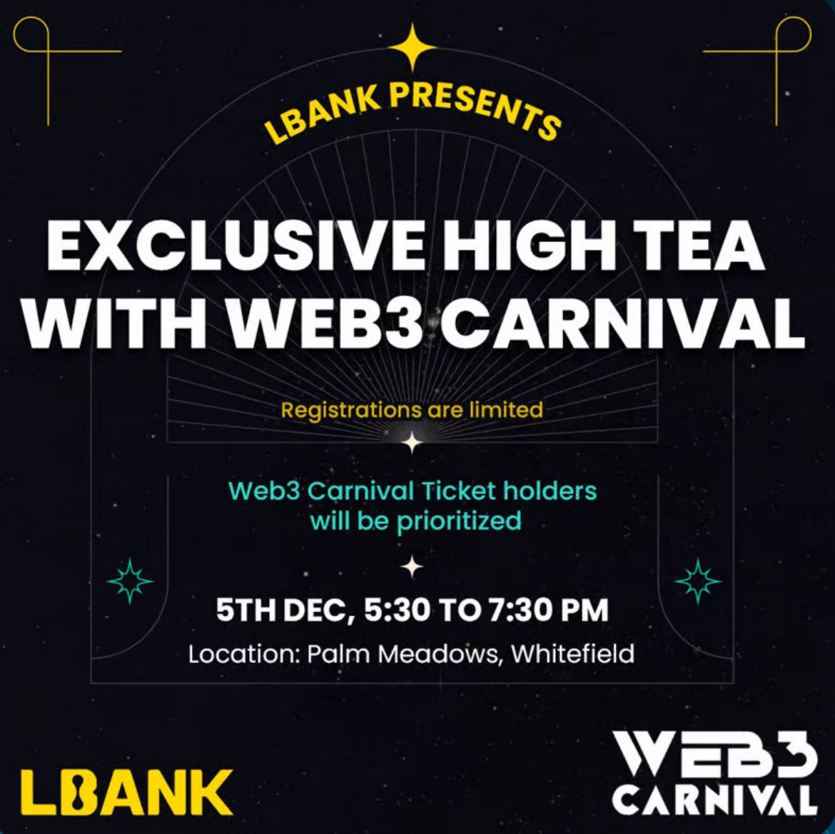 ClaireJensen_'s tweet image. 🍵 Get ready for an Exclusive High Tea by LBank on Dec 5, 2023, at Palm Meadows, Whitefield! 

🤝 Join elite #crypto thought leaders during #IndianBlockchainWeek. 

🚀 Co-hosted by @EncryptusGlobal &amp;amp; @web3carnival. 

🎟️ Limited spots, register now: lu.ma/b4ajwvqh