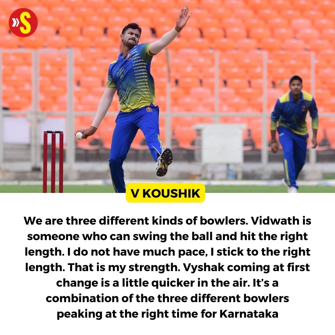 While he admits he does not have pace, V Koushik has worked on movement and length to become a part of Karnataka’s pace trinity along with Vidwath Kaverappa and Vyshak Vijaykumar ✍️ @abhisheksainiii Read: bit.ly/49Xsp1L #VijayHazareTrophy #IndianCricket