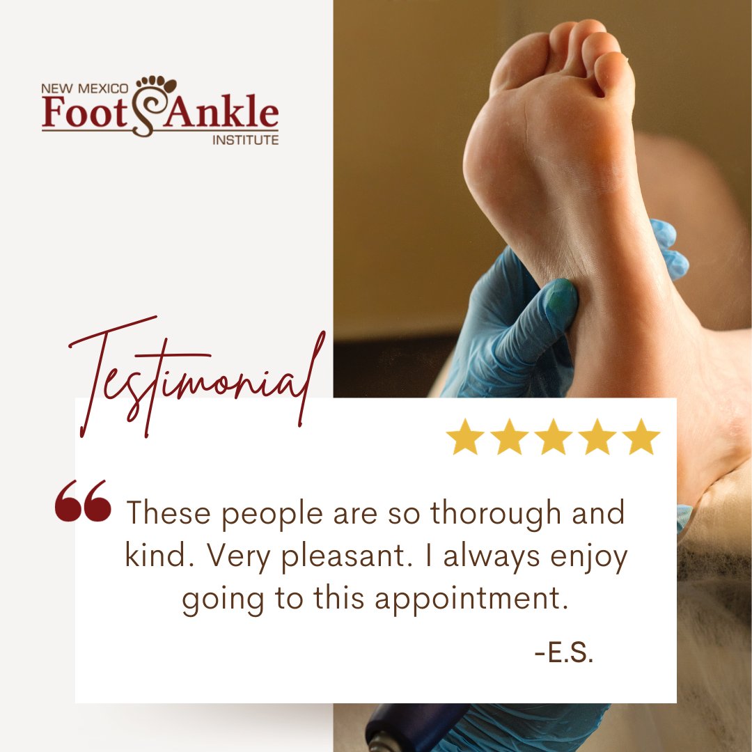 We love what we do, and it’s extra rewarding to hear that our patients enjoy coming to see us!
nmfootandankle.com/testimonials.c… 
.
.
.
#Albuquerque #testimonial #patienttestimonial #podiatristreview #bestpodiatrists #podiatrist #newmexicodoctor #NewMexicoFootAndAnkleInstitute #NMFAI