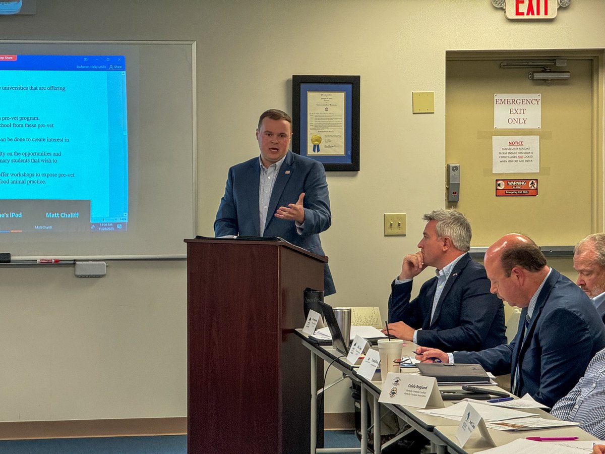 <a href="/LMUtweets/">Lincoln Memorial University</a> <a href="/bradon_burks/">Bradon Burks</a> speaks on behalf of committee two on their findings to help broaden and build relationships between vet schools, their students, and Kentucky agriculture through various means of outreach and support through various partnerships that establish long lasting