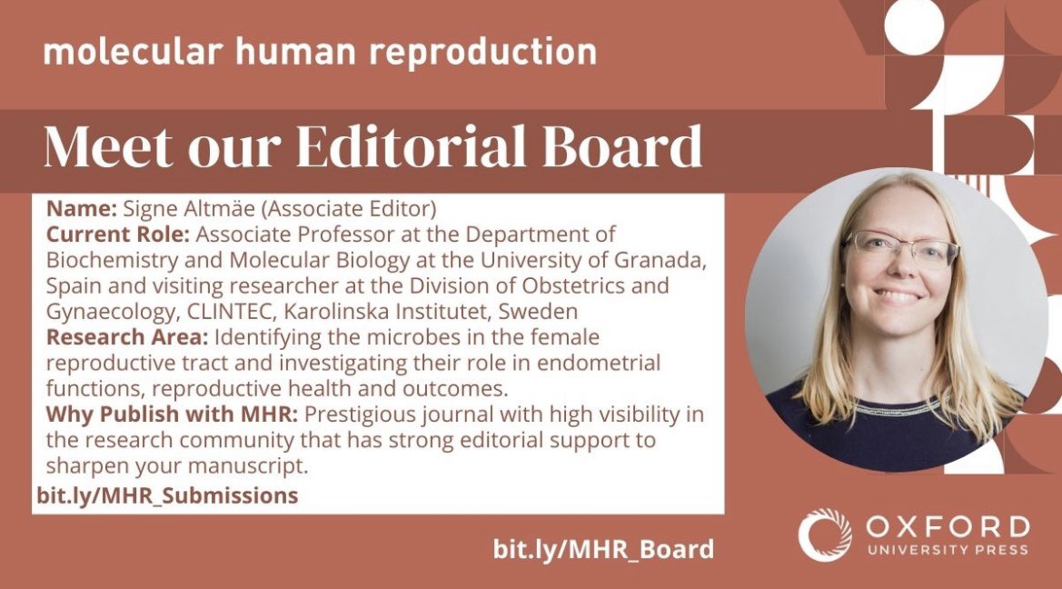 MHR_ReprodSci's tweet photo. Here is the #MeetourEditorialBoard series ๐ฅ
Spotlight on the Associate Editor @SigneAltmae
#meetthescientist #Reproduction #MHR #femalereproductivetract #endometrialfunctions
@ESHRE @OUPMedicine @CanalUGR @karolinskainst https://t.co/TnURDJ5FcQ