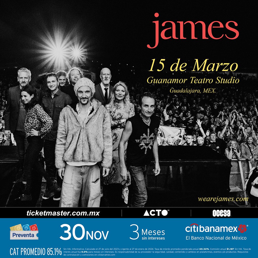 wearejames's tweet photo. We are delighted to announce that we will be playing in Guadalajara, Mexico on the 15th March 2024 🇲🇽 

🎟️ Pre sale: Thursday 30th November, 11am (CT time) 

🎟️ General On-Sale: Friday 1st December, 11am (CT time) 

Ticket Link: https://t.co/AdGueQlBfN https://t.co/v3JOPhbojS