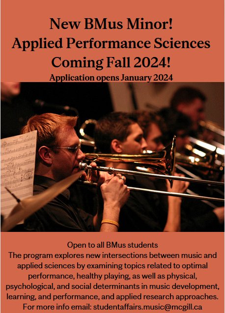 So happy to see that our offer of programs in Applied Performance Sciences at @schulichmusic @mcgillu is growing! In addition to the our #PhD program, I'm looking forward to launching the new BMus Minor in Applied Performance Sciences coming Fall 2024!! 🥳🎉 @APSHub_mcgill