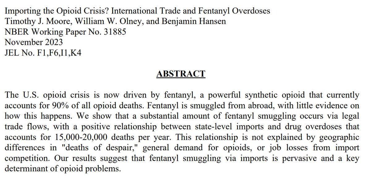 In a new working paper, Tim Moore, Will Olney and I study the role of legal imports as a potential key smuggling channel for #fentanyl. A key trait of fentanyl is its potency, which is highly complementary to smuggling. 1/8