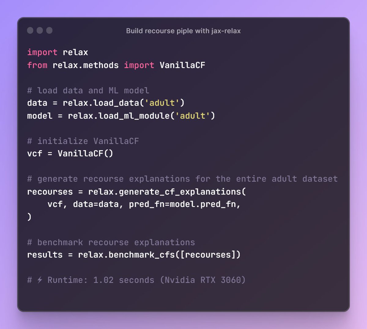 🌟 Exited to share ReLax v0.2 🎉 - A JAX-based recourse explanation library designed for efficiency and scalability! 🛠️ Build recourse pipelines effortlessly in just a few lines ⚡ Experience blazing-fast runtime 🚀 Scales to large datasets 💻Repo: github.com/BirkhoffG/jax-…