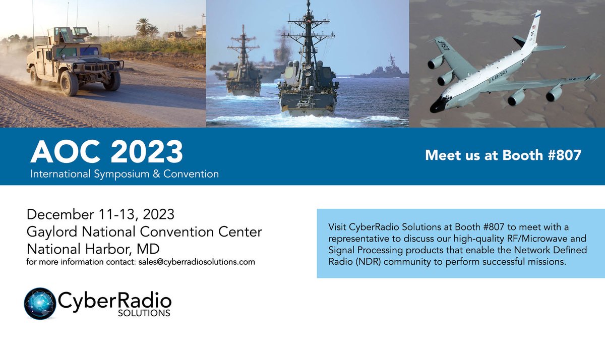 Join us at AOC 2023! Visit us at Booth #807 to meet with a representative.

#AOC #Military #MES #engineers #success #microwaveradios #engineering #cyberradiosolutions #innovation #EW #SIGNT #ELINT #COMINT #VHF #tuners #receivers #transceiver #lowSwaP #lowfrequency #channeldensity
