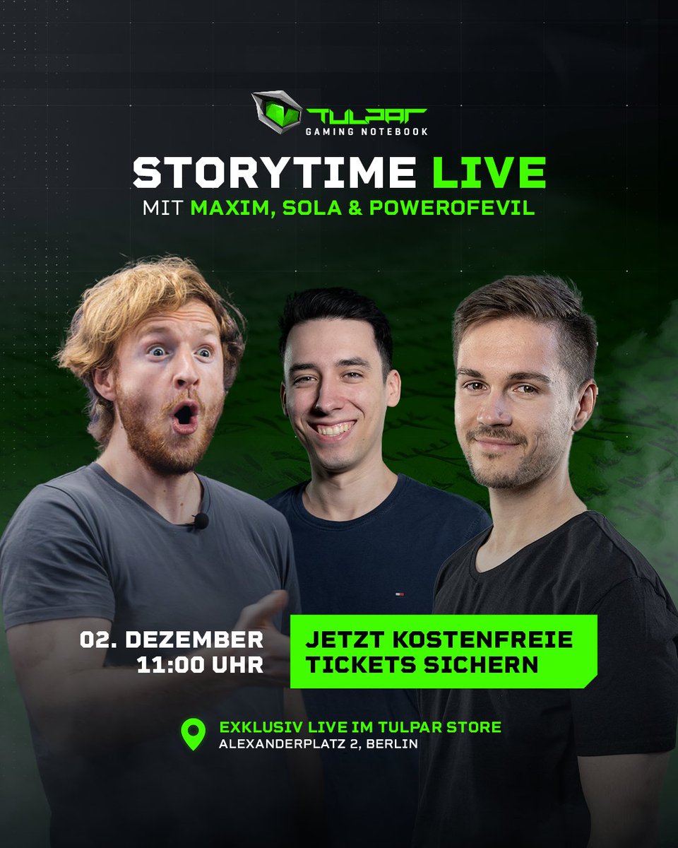 Werbung | Moinsen

Diesen Samstag (2.12.) um 11:00 am Alexanderplatz, produzieren wir gemeinsam mit euch einen Live Podcast im <a href="/tulparnotebook/">Tulpar Gaming Notebook</a> Store! Direkt im Herzen Berlins und mit 2 epischen Gästen!

Macht es euch gemütlich und seid kostenlos dabei:
maxim.eventbrite.com