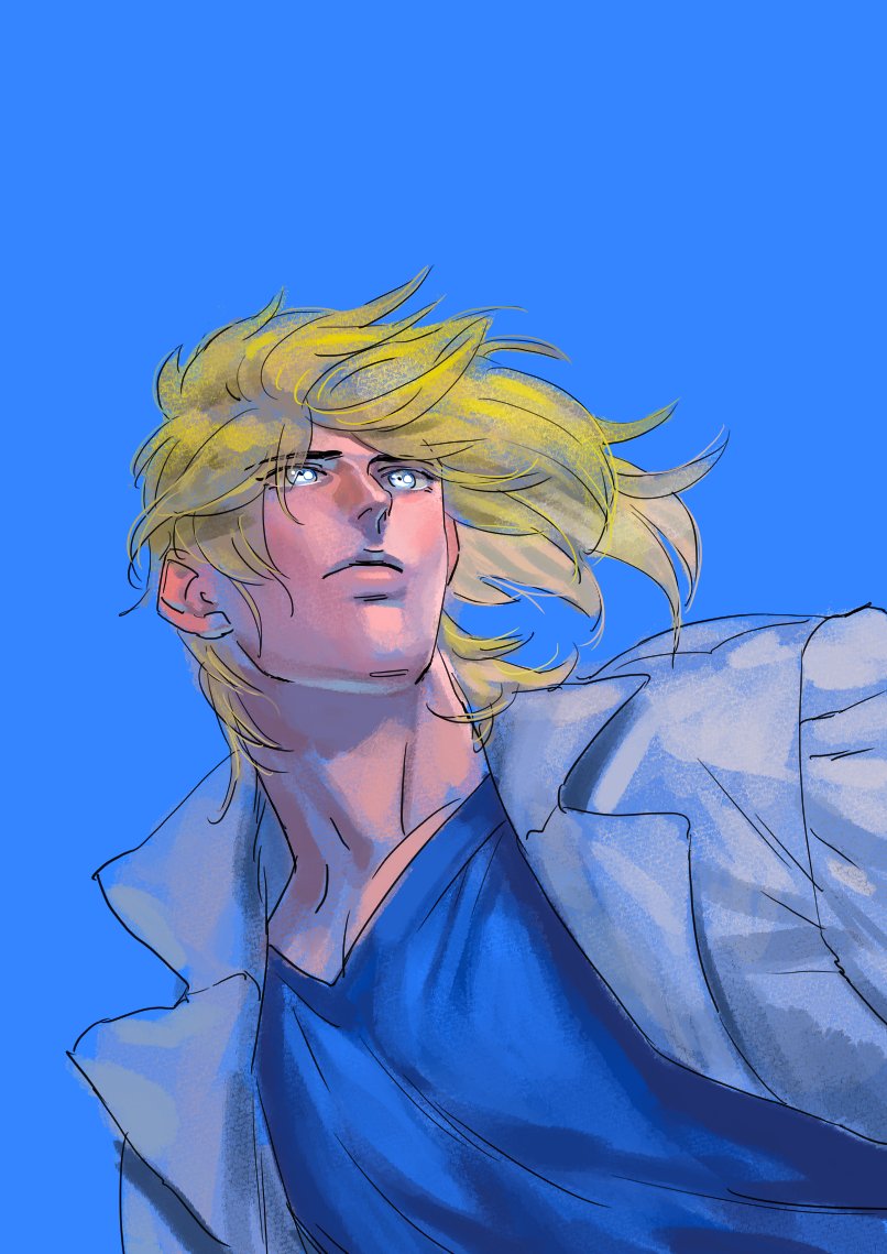 1boy male focus blonde hair solo shirt blue background blue shirt  illustration images