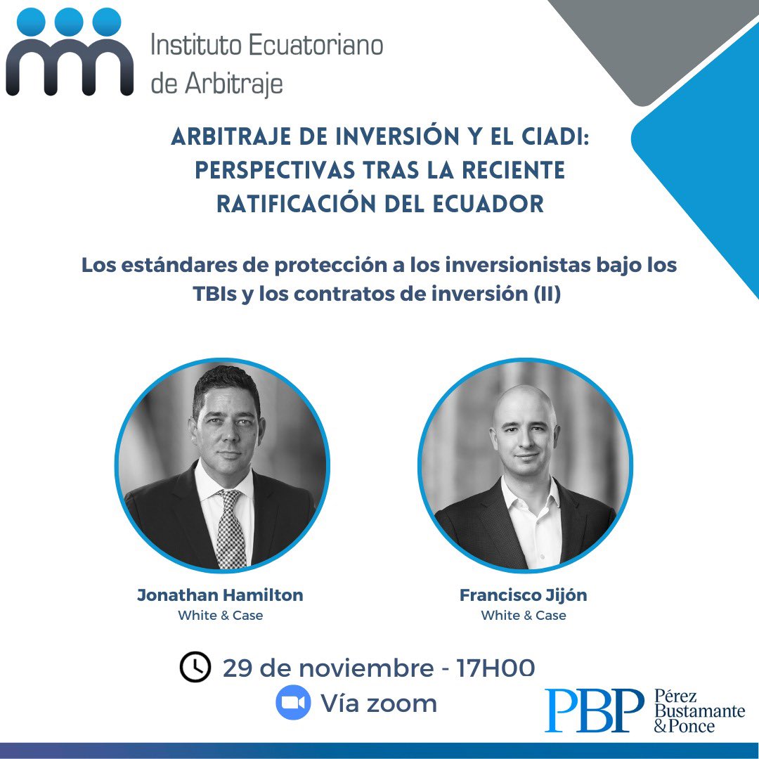 Les presentamos a los ponentes del décimo módulo del curso de actualización “Arbitraje de inversión y el CIADI: perspectivas tras la reciente ratificación del Ecuador”:

Jonathan Hamilton y Francisco Jijón. 

🗓️ Miércoles 29 de noviembre 
⏰ 17h00