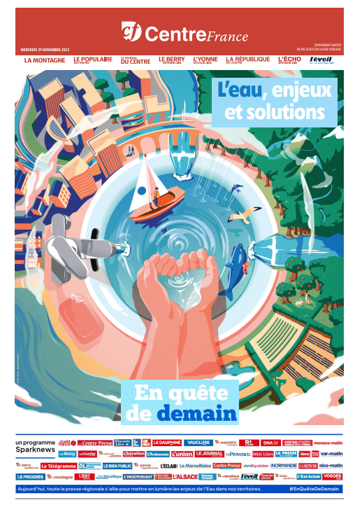 JulienBonnefoy's tweet photo. "L'eau, enjeux et solutions". Demain, retrouvez 16 pages spéciales dans 50 titres de #PQR dont les journaux du groupe @CentreFrance, une opération coordonnée par @Sparknews  à la veille de la COP 28 à Dubaï. Un nouveau numéro de "En quête de demain", à lire absolument ! https://t.co/P3v5XpmmpQ