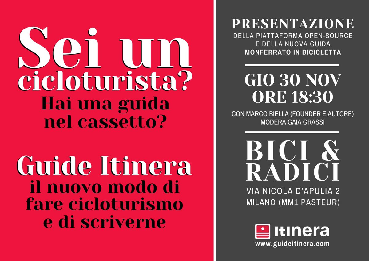 Presentazione piattaforma GUIDA ITINERA
Giovedì 30 novembre ore 18:30

bicieradici.com/2023/11/28/pre…
