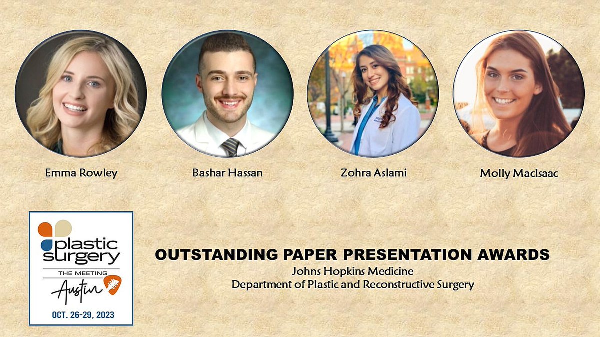 Kudos to <a href="/HopkinsMedicine/">Johns Hopkins Medicine</a> <a href="/HopkinsPlastic/">Johns Hopkins Plastic & Reconstructive Surgery</a> students, research fellows &amp; residents who attended #PSTM23, giving 46 presentations/posters &amp; earning “outstanding” awards for 4 of them. Winning papers given by @EmmaRowleyMed, <a href="/BasharHassanMD/">Bashar Hassan, MD, MPH</a>, <a href="/ZohraAslami/">Zohra Aslami</a> &amp; @mollymackk. Well done!