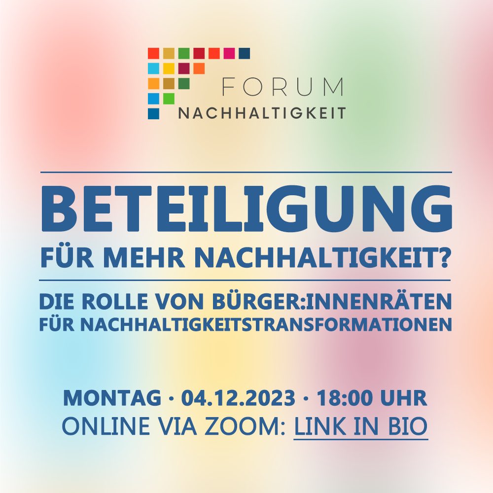 Am 04.12.2023 um 18:00 lädt das Forum Nachhaltigkeit zu einem Online-Vortrag zum Thema „Beteiligung für mehr Nachhaltigkeit? Die Rolle von Bürger:innenräten für Nachhaltigkeitstransformationen” ein. 

Mehr Infos: politikwissenschaft.uni-wuerzburg.de/arbeitskreise/…