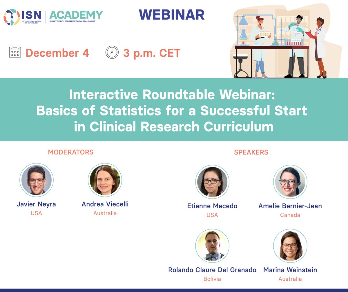 𝗦𝗔𝗩𝗘 𝗧𝗛𝗘 𝗗𝗔𝗧𝗘 for the ISN interactive webinar: 'Basics of Statistics for a Successful Start in Clinical Research Curriculum' 🗣️ @EtienneMacedo @ameliebjean @RClaure_nefro @MarinaWainstein 👤 @javo_neyra @a_viecelli 🗓️ Dec 4 🕒 3 pm CET 🔗 ow.ly/6aRb50Qc4YI