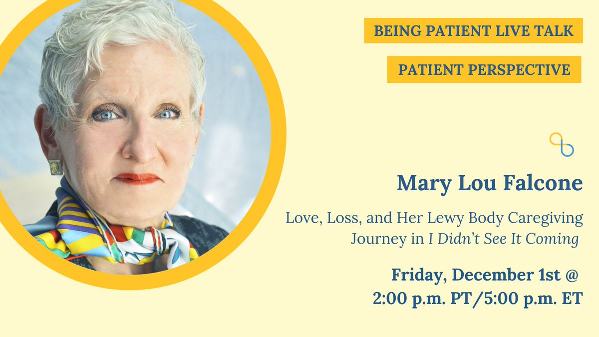 Being_Patient_'s tweet photo. This Friday, at 2pm PT/5pm ET, music publicist and #dementia advocate Mary Lou Falcone joins us to discuss love, loss, and her #LewyBody caregiving journey in "I Didn't See It Coming" 📚
RSVP to learn more about her memoir👇
https://t.co/NoXUfoFIuz https://t.co/2ahz7KJm38