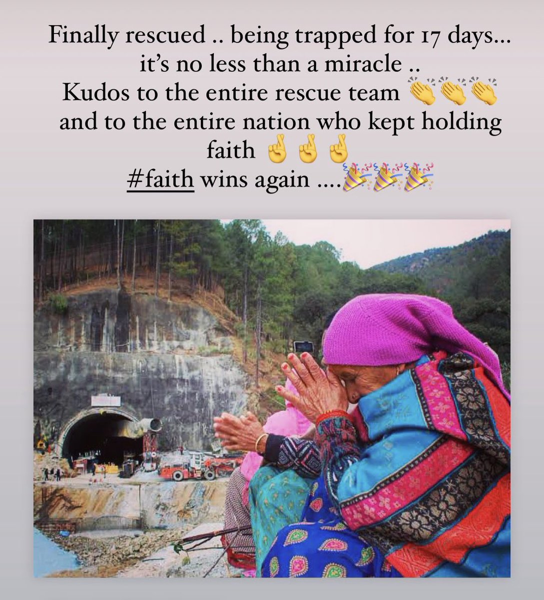 ParminderKaurS9's tweet photo. Finally rescued .. being trapped for 17 days… it’s no less than a miracle ..

Kudos to the entire rescue team 👏👏👏 and to the entire nation who kept holding faith 🤞🤞🤞

#faith wins again ….🎉🎉
#uttarkashirescue #uttarkashitunnelrescue #41workerssaved #UttarakhandTunnel https://t.co/RyDUdddBG0