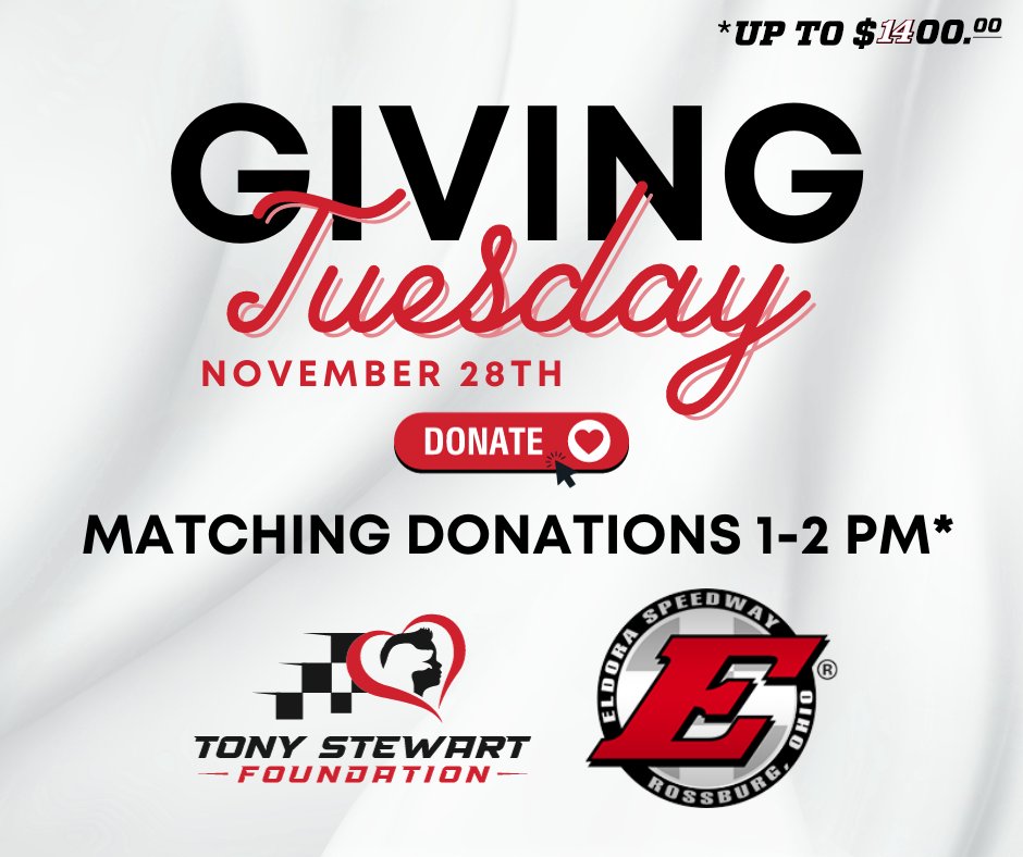 We are excited to be a sponsor of @14TSF's Giving Tuesday fundraising event! Today, we will be matching any donations received between 1pm and 2pm up to $1,400! tonystewartfoundation.org/product/giving…