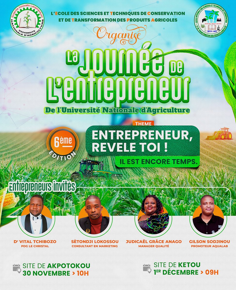 Michaelbeninois's tweet photo. Je suis honoré d'avoir été invité à participer à "La Journée de l'Entrepreneur de l'Université Nationale d'Agriculture" en compagnie d'éminents entrepreneurs. https://t.co/d4cEHesMN8