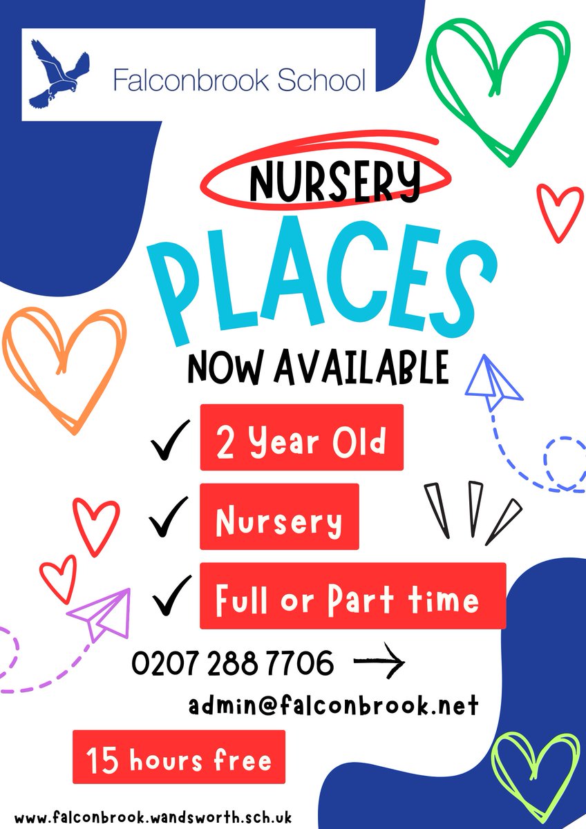 Full and part time nursery places available -  please contact the office 0207 228 7706 or admin@falconbrook.net