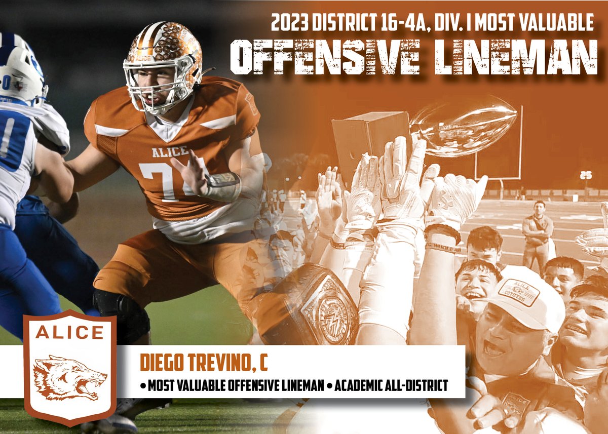 Alice C Diego Trevino, District 16-4A, Div. I Most Valuable Offensive Lineman! <a href="/joe_richard10/">Coach Castellano</a> <a href="/AliceAthletics1/">@AliceAthletics</a> <a href="/AliceISD/">Alice ISD</a> <a href="/AliceHS_Coyotes/">Alice High School</a> <a href="/CallerSports/">Caller Sports</a> <a href="/ChrisThomasson7/">Chris Thomasson - KIII Sports</a> <a href="/KRIS6sports/">KRIS 6 Sports</a> <a href="/dctf/">Dave Campbell's — TexasFootball.com</a> <a href="/qmartinez/">Quinton Martinez</a>