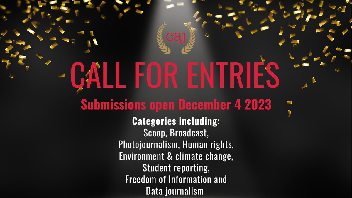 Launching next week: the journalism awards for journos and by journos. The CAJ Awards. Honouring Canada's best investigative work, climate reporting, human rights stories, student journalism and so much more. Applications open Monday Dec 4 Details: caj.ca/programs/awards