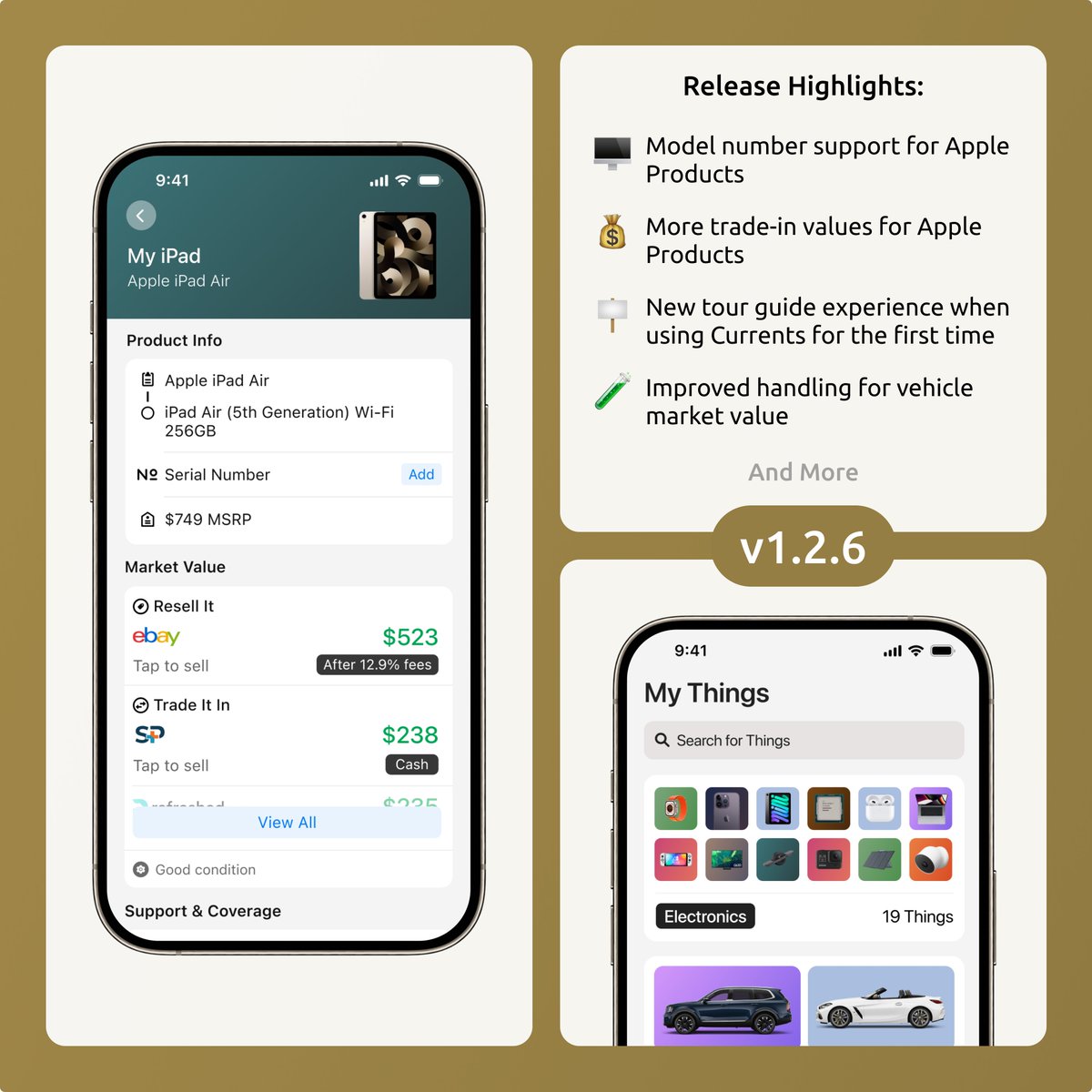 Introducing Currents 1.2.6:
🖥️ Model number support for Apple Products
💰 More trade-in values for Apple Products
🪧 New tour guide experience
🧪 Improved handling for vehicle market value
&amp; more

Download ➡️ apps.apple.com/us/app/id64460…

#buildinpublic #Apple