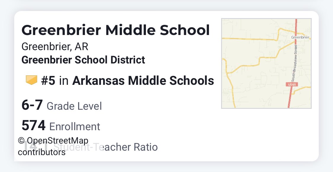 U.S. News and World Report has named GMS as a top middle school for the state of Arkansas! #GreenbrierProud <a href="/GMSStory/">Greenbrier Middle</a>