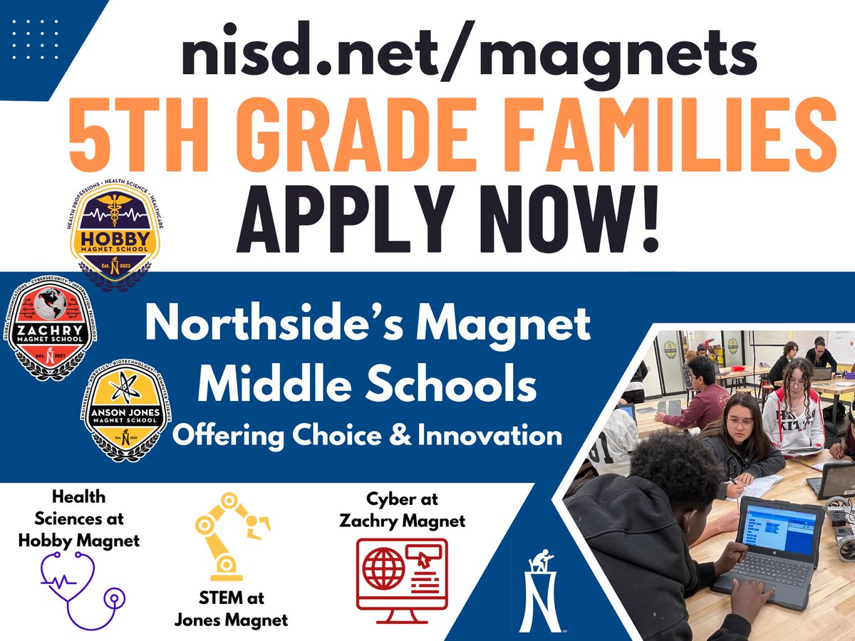 Anson Jones Magnet School (@nisdjonesstem) on Twitter photo There are some innovative options for students going into middle school next year! Learn more at magnet fairs (Dec 4 at the Sports Gym, Dec 11 at NAC) or apply now at nisd.net/magnets
<a href="/NISDJonesSTEM/">Anson Jones Magnet School</a>
<a href="/NISDHobbyHealth/"><a href="/NISD/">Northside ISD</a>HobbyHealth</a> <a href="/NISDZachryMag/">Zachry Magnet School</a> @nisd There are some innovative options for students going into middle school next year! Learn more at magnet fairs (Dec 4 at the Sports Gym, Dec 11 at NAC) or apply now at nisd.net/magnets
<a href="/NISDJonesSTEM/">Anson Jones Magnet School</a>
<a href="/NISDHobbyHealth/"><a href="/NISD/">Northside ISD</a>HobbyHealth</a> <a href="/NISDZachryMag/">Zachry Magnet School</a> @nisd