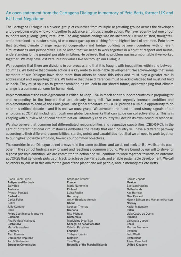 Pete Betts was a true climate advocate and a brilliant man. On the eve of his funeral, he is still able to bring people together from the developed and developing world to push for climate ambition at #COP28. An open statement from the Cartagena Dialogue…