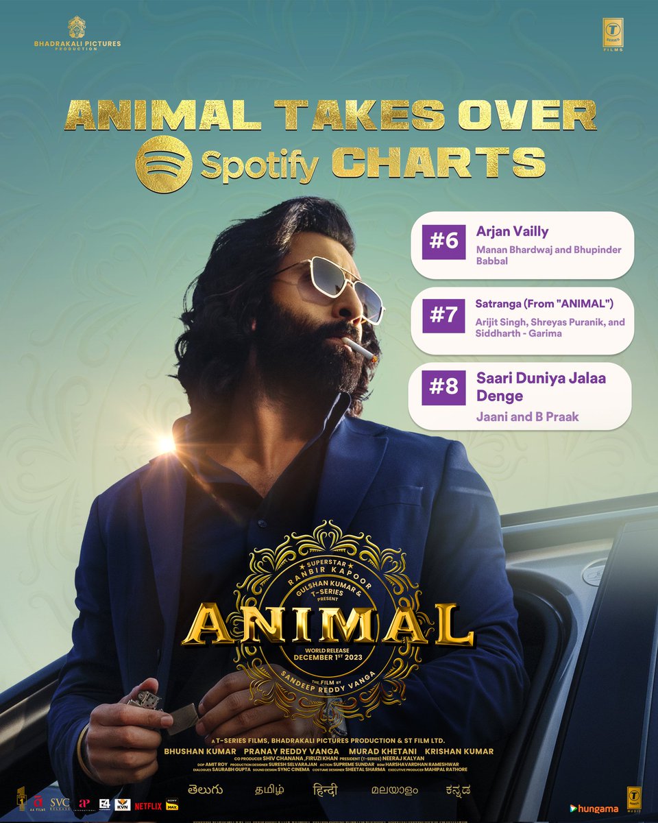 . #Animal takes over #Spotify charts🔥 linktr.ee/Animal_Album #AnimalOn1stDec #AnimalTheFilm #ArjanVailly #Satranga #SaariDuniyaJalaaDenge @AnimalTheFilm @AnilKapoor #RanbirKapoor @iamRashmika @thedeol @tripti_dimri23 @rameemusic #MananBhardwaj @shreyaspuranik @jam8studio